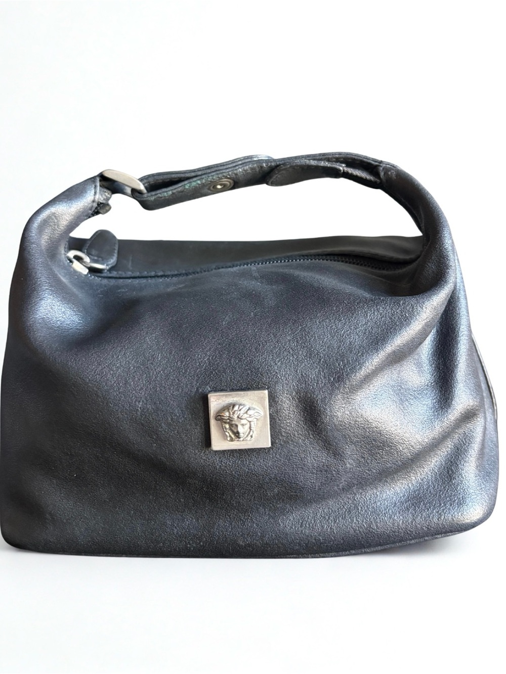 Versace Black Leather Mini Hobo with Medusa Plaque
